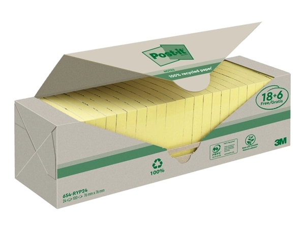 Een Memoblok 3M Post-it 654 76x76mm recycle geel 18 + 6 gratis koop je bij VHK Kantoorartikelen