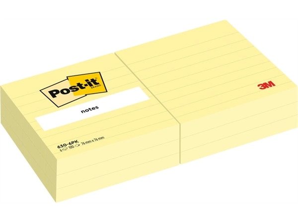 Een Memoblok 3M Post-it 630 76x76 mm lijn geel 6 stuks koop je bij Hoekmankantoorartikelen.nl