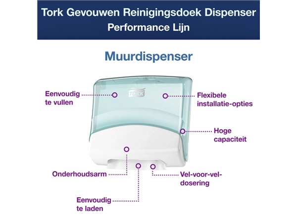 Een Reinigingsdoekdispenser Tork W4 Performance gevouwen turquoise 654000 koop je bij Continu Kantoor