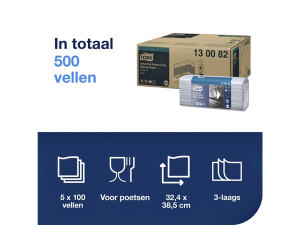 Een Reinigingsdoek Tork W4 Premium Heavy-Duty Industrial gevouwen 3-laags 5x100 vel blauw 130082 koop je bij Continu Kantoor