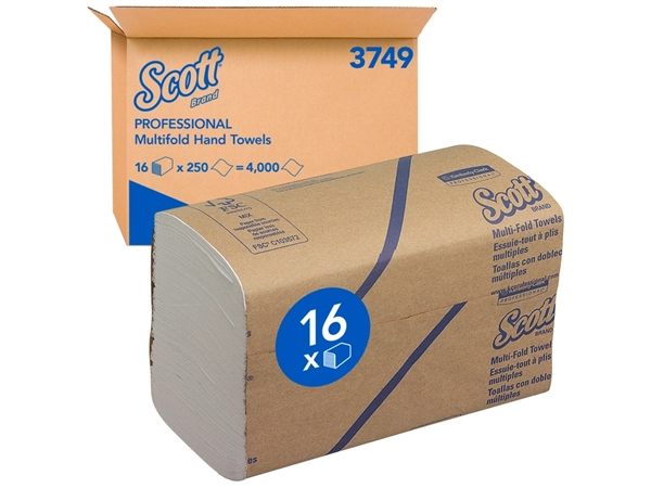 Een Handdoek Scott m-vouw 1laags 20.3x24cm wit 16x250stuks 3749 koop je bij VHK Kantoorartikelen