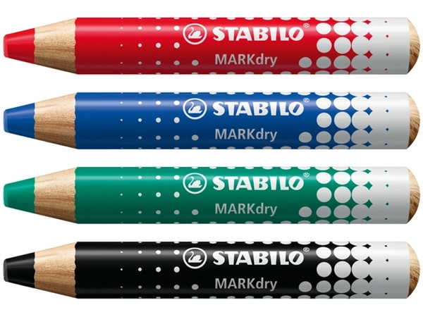 Een Whiteboardpotlood STABILO MARKdry 648/4 inclusief slijper en microvezeldoek assorti etui à 4 stuks koop je bij VHK Kantoorartikelen