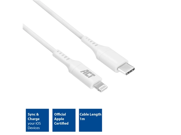 Een Kabel ACT USB-C naar Lightning laad -en data 1 meter koop je bij Continu Kantoor