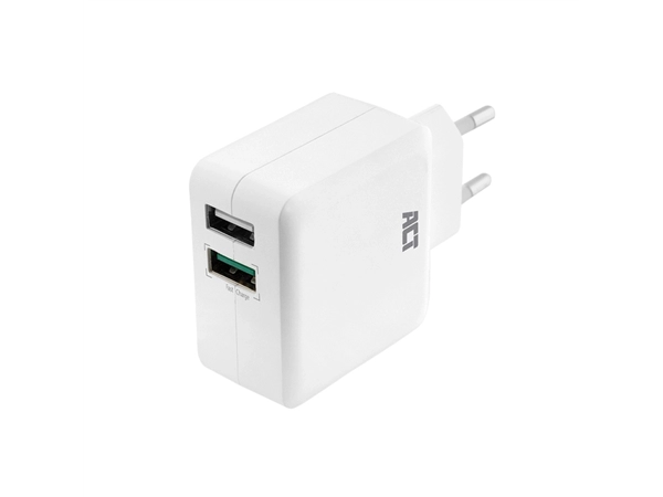 Een Oplader ACT USB 2 poorts Quickcharge 30W wit koop je bij VHK Kantoorartikelen