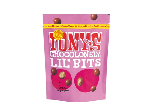 Een Chocolade Tony's Chocolonely Lil'Bits melk marshmellow biscuit 120 gram koop je bij VHK Kantoorartikelen