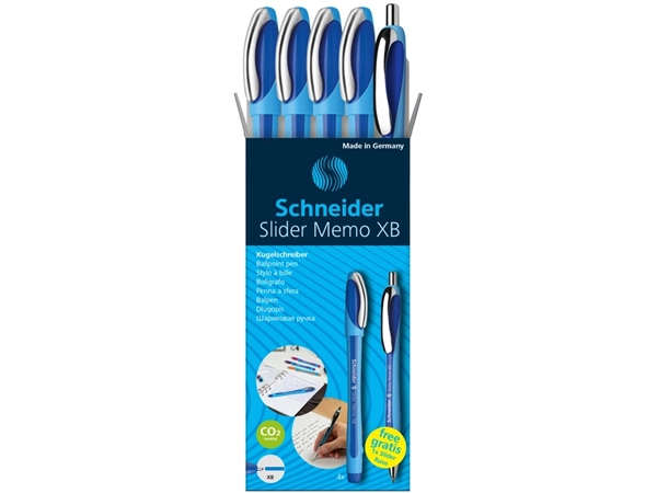 Een Balpen Schneider Slider Memo XB blauw set à 4 stuks + 1 gratis Slider balpen koop je bij VHK Kantoorartikelen