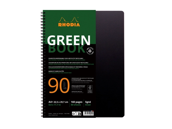 Een Notitieboek Rhodia Greenbook A4+ lijn 4-gaats 180 pagina's 90gr zwart koop je bij VHK Kantoorartikelen