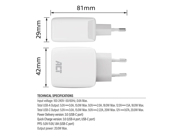 Een Oplader ACT 20w 2-poorts usb a+c wit koop je bij Continu Kantoor