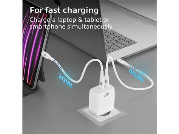 Een Oplader ACT 65w 2-poorts usb c wit koop je bij Continu Kantoor