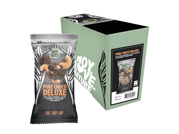 Een Cashewnoten NoyNuts pure choco deluxe mix zak 45 gram koop je bij VHK Kantoorartikelen