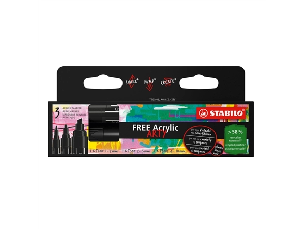 Een Acrylmarker STABILO Free Acrylic Mixed Tip set à 3 breedtes zwart koop je bij PrimaOffice