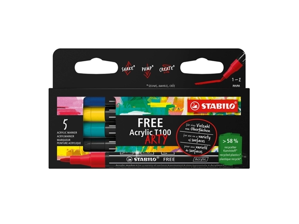 Een Acrylmarker STABILO Free Acrylic T100 Royal assorti 5 stuks koop je bij Clippz! Office Supplies