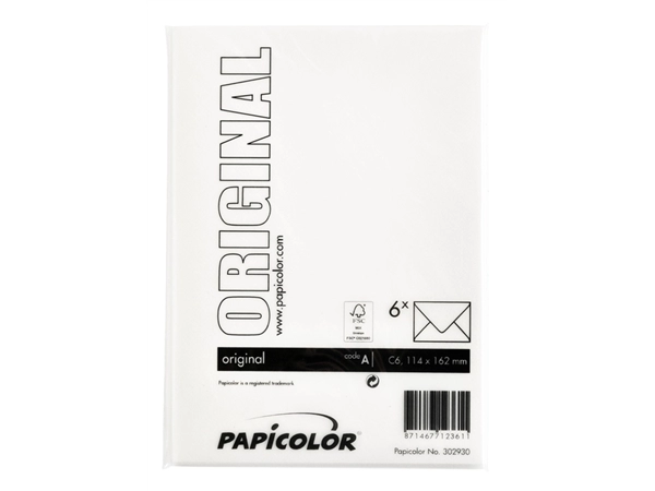 Een Envelop Papicolor C6 114x162mm hagelwit pak à 6 stuks koop je bij Continu Kantoor