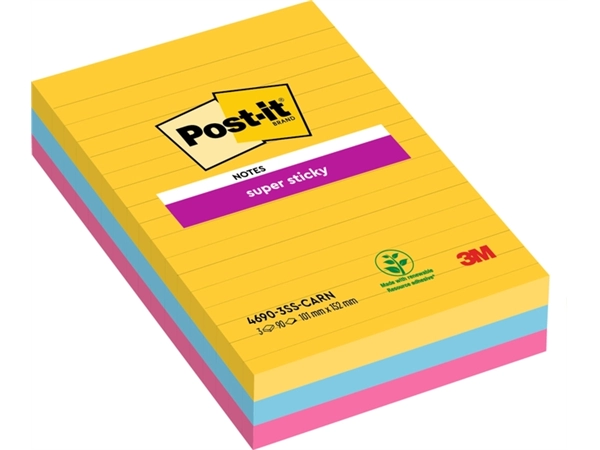 Een Memoblok Post-it 4690 Super Sticky 101x152mm lijn Carnival 3 stuks koop je bij Hoekmankantoorartikelen.nl