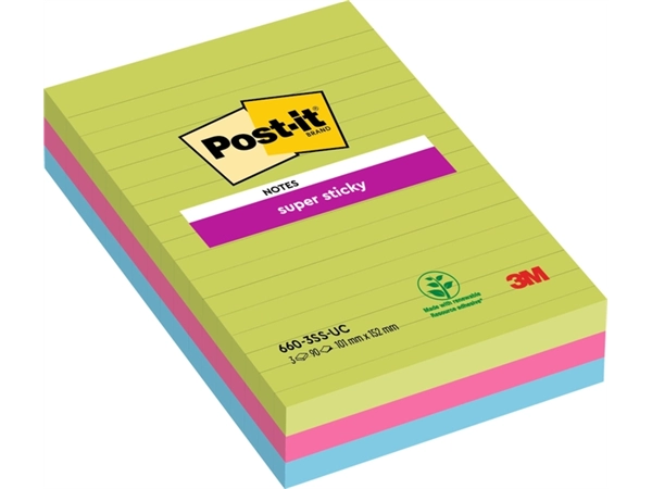 Een Memoblok Post-it 660 Super Sticky 102x152mm lijn rainbow 3 stuks koop je bij Hoekmankantoorartikelen.nl