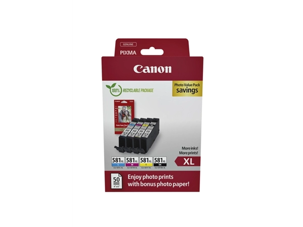 Een Inktcartridge Canon CLI-581XL 4 kleuren +50 vel fotopapier 10x15cm koop je bij VHK Kantoorartikelen