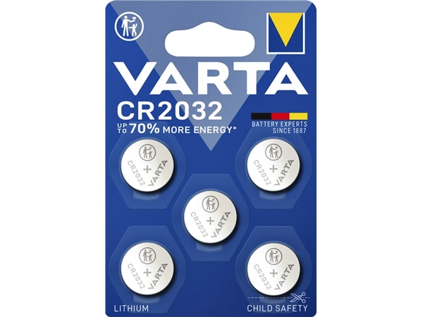 Een Batterij Varta knoopcel CR2032 lithium blister à 5stuk koop je bij VHK Kantoorartikelen