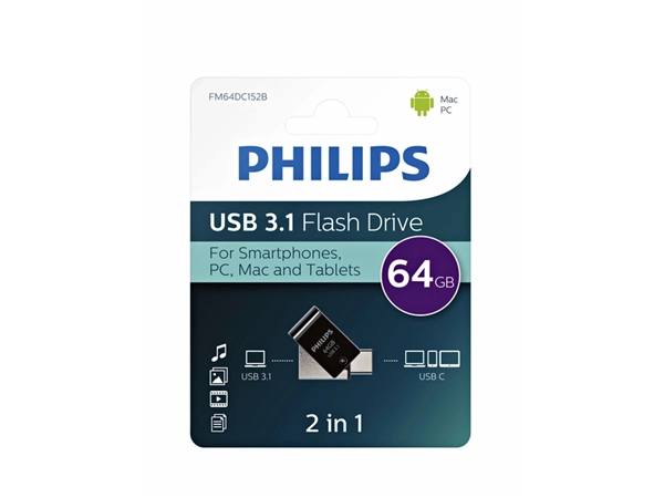 Een USB-stick 3.1 Philips USB-C 2-in-1 midnight black 64GB koop je bij Continu Kantoor