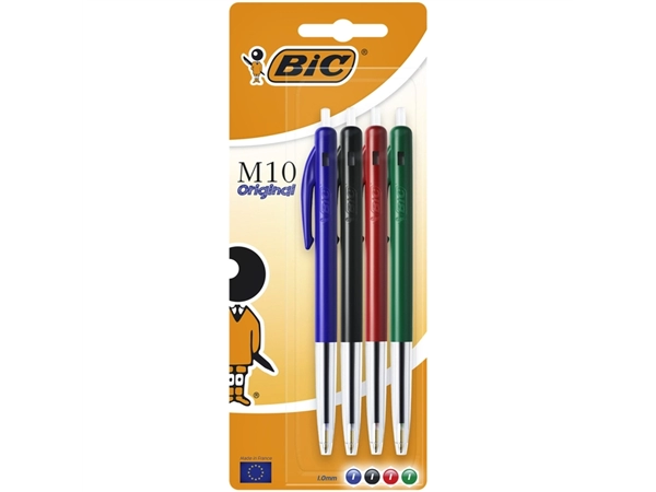 Een Balpen Bic M10 medium assorti blister à 4 stuks koop je bij VHK Kantoorartikelen