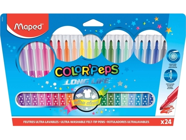 Een Viltstift Maped Color'Peps Long Life set á 24 kleuren koop je bij VHK Kantoorartikelen