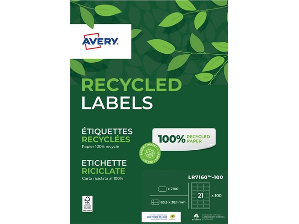 Een Etiket Avery LR7160-100 63.5x38.1mm recycled wit 2100 etiketten koop je bij VHK Kantoorartikelen