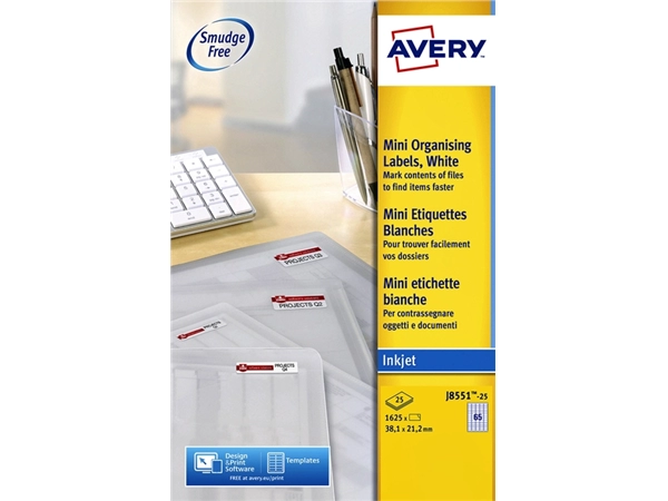 Een Etiket Avery J8551-25 38.1x21.2mm transparant 1625stuks koop je bij VHK Kantoorartikelen