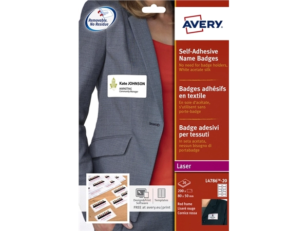 Een Naambadge etiket Avery L4786-20 80x50mm rood kader 200stuks koop je bij VHK Kantoorartikelen