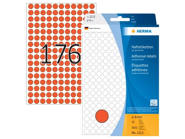 Een Etiket HERMA 2212 rond 8mm rood 5632stuks koop je bij VHK Kantoorartikelen