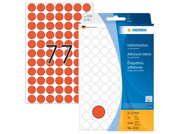 Een Etiket HERMA 2232 rond 13mm rood 2464stuks koop je bij Hoekmankantoorartikelen.nl