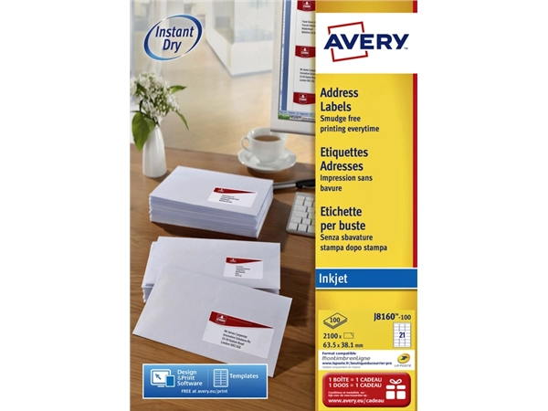 Een Etiket Avery J8160-100 63.5x38.1mm wit 2100stuks koop je bij VHK Kantoorartikelen