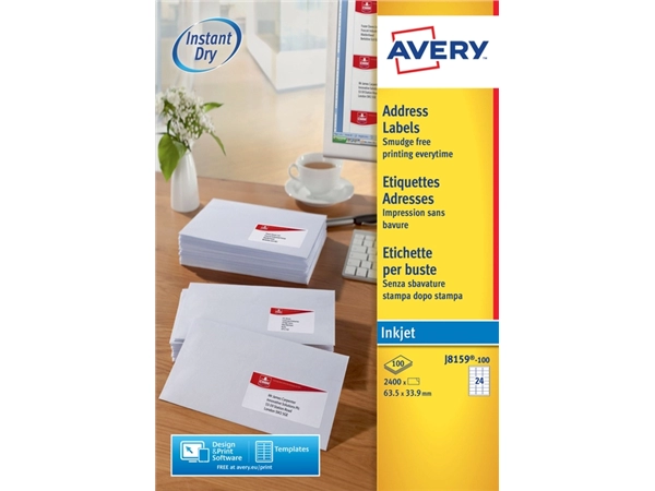 Een Etiket Avery J8159-100 63.5x33.9mm wit 2400stuks koop je bij VHK Kantoorartikelen