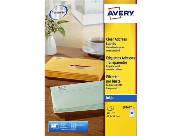 Een Etiket Avery J8560-25 63.5x38.1mm transparant 525stuks koop je bij VHK Kantoorartikelen