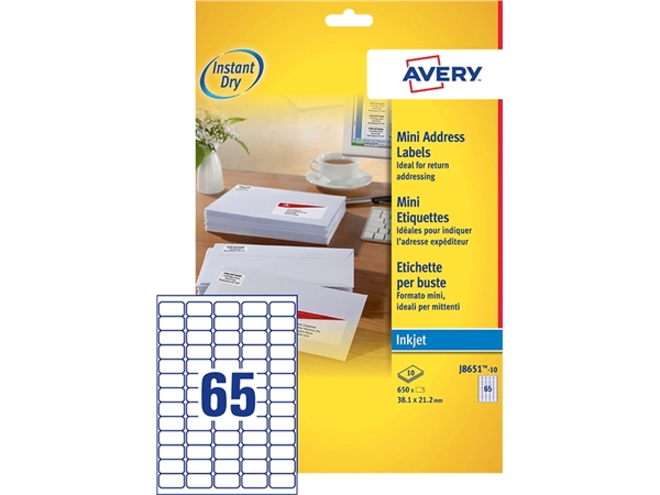 Een Etiket Avery J8651-10 38.1x21.2mm wit 650stuks koop je bij VHK Kantoorartikelen