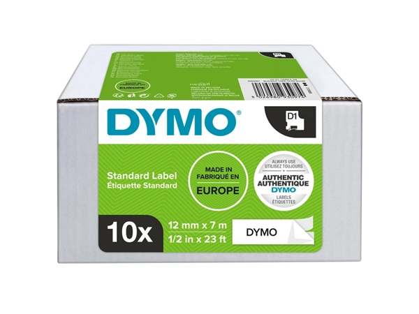 Een Labeltape Dymo LabelManager D1 polyester 12mm zwart op wit 10 stuks koop je bij Hoekmankantoorartikelen.nl