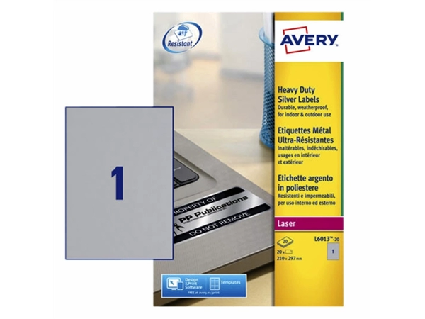 Een Etiket Avery L6013-20 210x297mm zilver 20stuks koop je bij Continu Kantoor