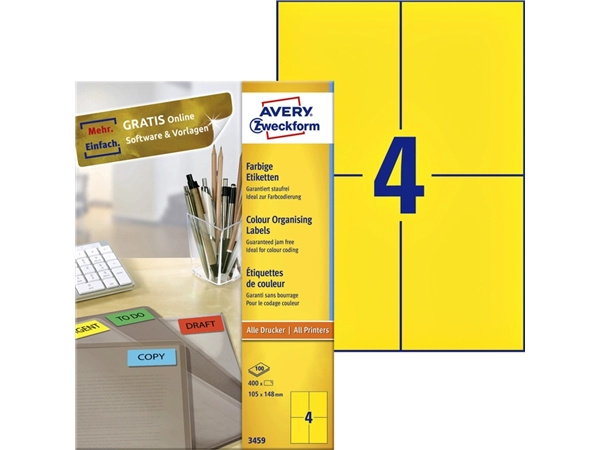 Een Etiket Avery Zweckform 3459 105x148mm A6 geel 400stuks koop je bij VHK Kantoorartikelen