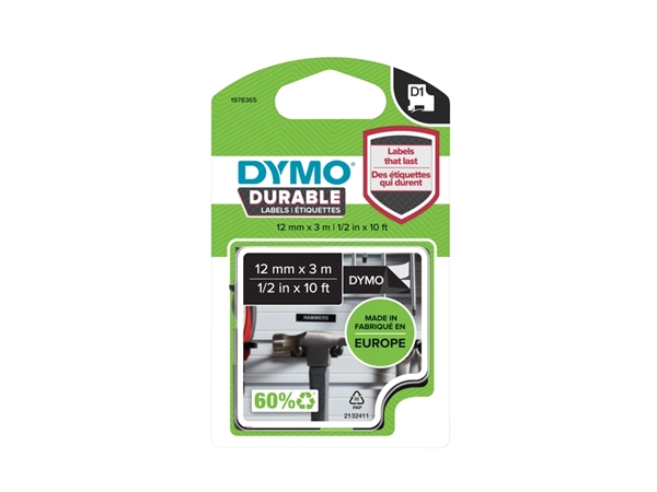 Een Labeltape Dymo LabelManager D1 polyester 12mm wit op zwart koop je bij VHK Kantoorartikelen