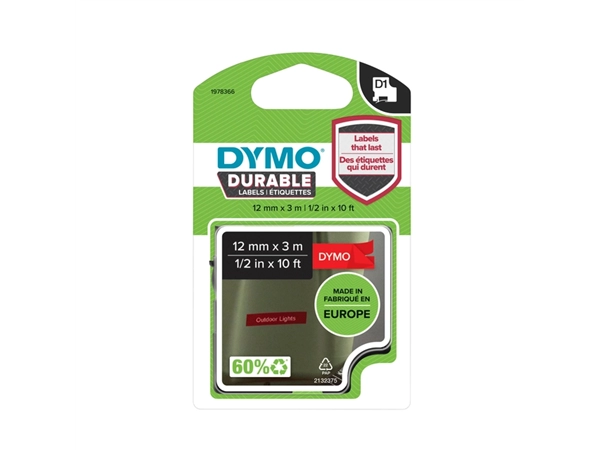 Een Labeltape Dymo LabelManager D1 polyester 12mm wit op rood koop je bij VHK Kantoorartikelen