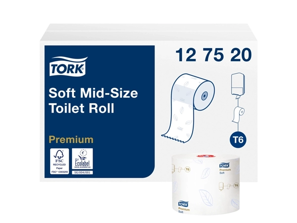 Een Toiletpapier Tork Mid-size T6 premium 2-laags 90m wit 127520 koop je bij VHK Kantoorartikelen