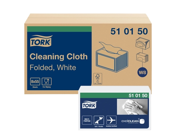 Een Reinigingsdoek Tork Cleaning W8 zacht flexibel nonwoven 55 vel wit 510150 koop je bij VHK Kantoorartikelen