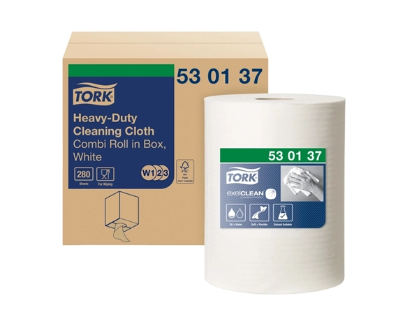 Een Reiningsdoek Tork Heavy-duty combi rol W1/2/3 nonwoven 280 vel wit 530137 koop je bij VHK Kantoorartikelen