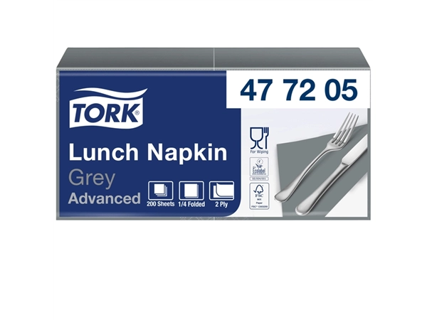 Een Servetten Tork 2-laags 1/4 gevouwen 200 stuks grijs 477205 koop je bij Hoekmankantoorartikelen.nl