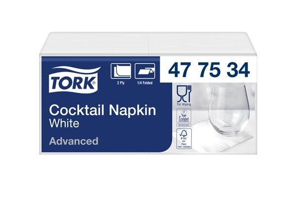 Een Cocktailservetten Tork 1/4-vouw 2-laags 200 stuks wit 477534 koop je bij Hoekmankantoorartikelen.nl