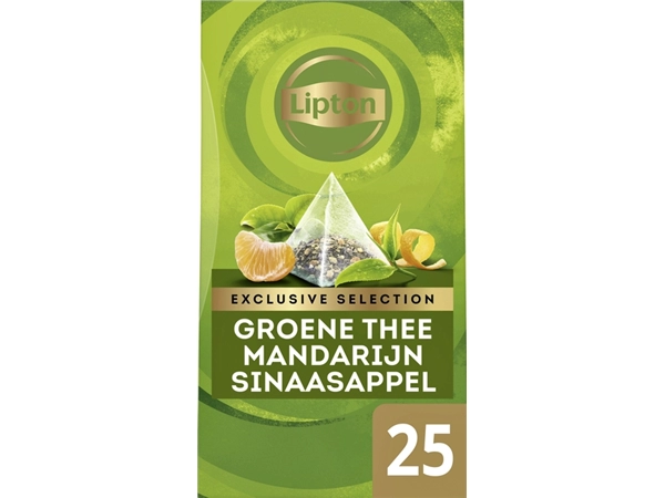 Een Thee Lipton Exclusive groene thee mandarijn sinaasappel 25 pramidezakjesx2gr koop je bij VHK Kantoorartikelen