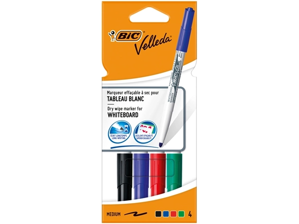 Een Viltstift Bic Velleda 1744 whiteboard rond medium assorti kartonnen etui à 4 stuks koop je bij VHK Kantoorartikelen