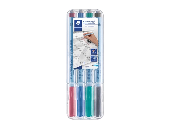 Een Viltstift Staedtler Lumocolor 305 non permanent correctable F set à 4 stuks koop je bij Continu Kantoor