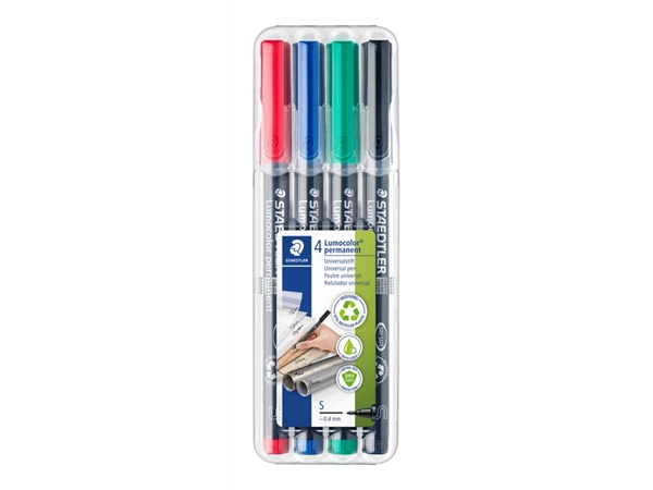 Een Viltstift Staedtler Lumocolor 313 permanent S set à 4 stuks assorti koop je bij Hoekmankantoorartikelen.nl