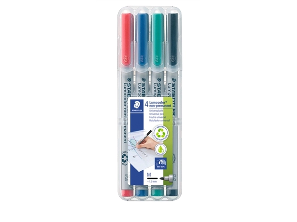 Een Viltstift Staedtler Lumocolor 315 non permanent M set à 4 stuks assorti koop je bij Hoekmankantoorartikelen.nl