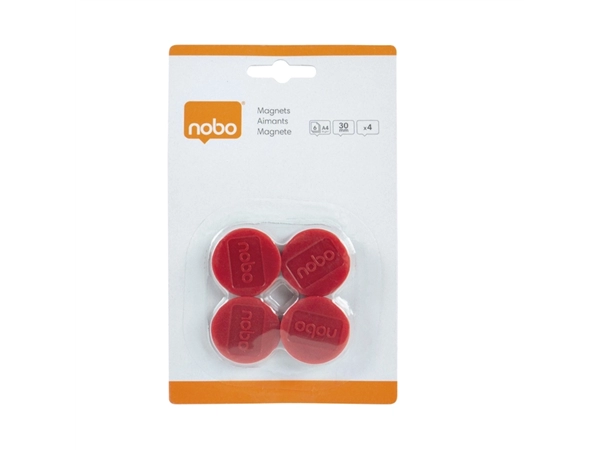 Een Magneet Nobo 30mm 700gr rood 4 stuks koop je bij The Cartridge Shop bvba