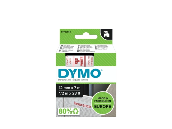 Een Labeltape Dymo LabelManager D1 polyester 12mm rood op wit koop je bij VHK Kantoorartikelen